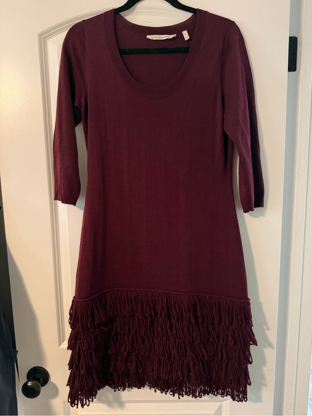 Soft Surroundings Burgundy Long-Sleeve Fringe Hem Sweater Dress